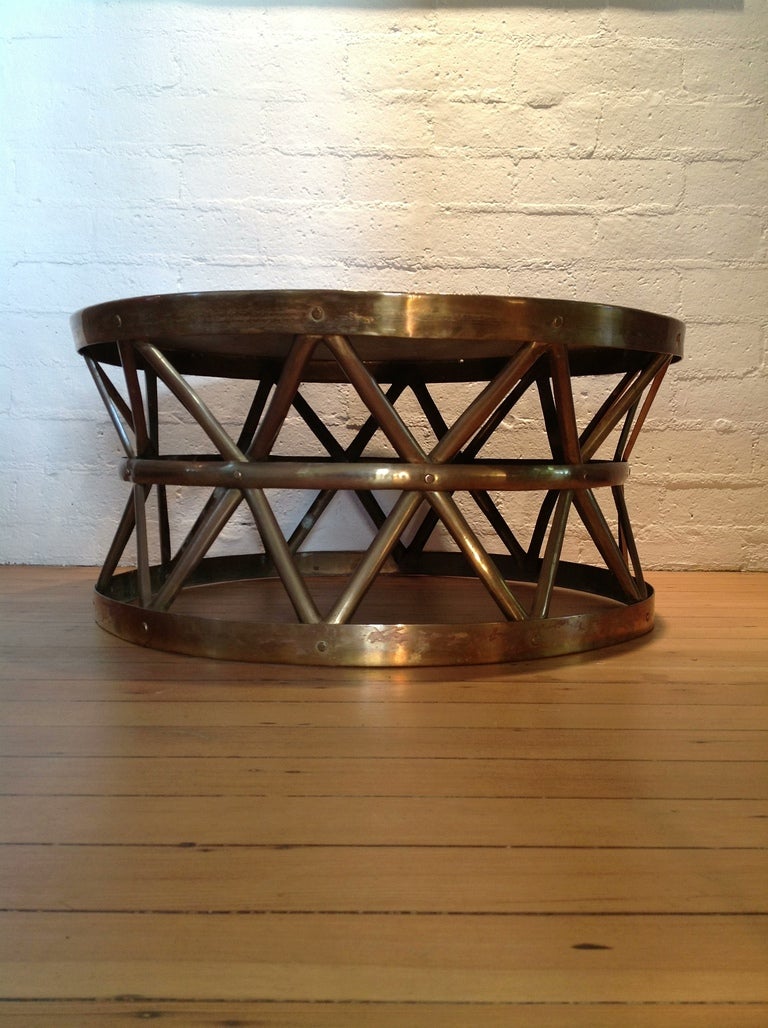 Mid-Century Modern Solid Brass Drum Cocktail/Coffee Table