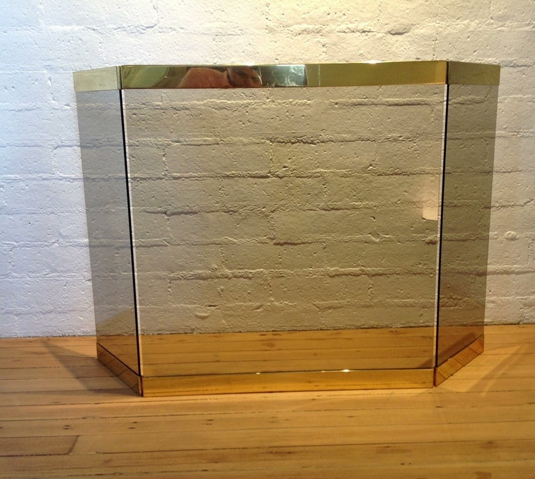 A fireplace screen with Brass top and bottom, with smoked glass.
The end pieces are hinged    