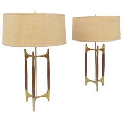Brass and Walnut Tables Lamps Designed by Gerald Thurston for Lightolier