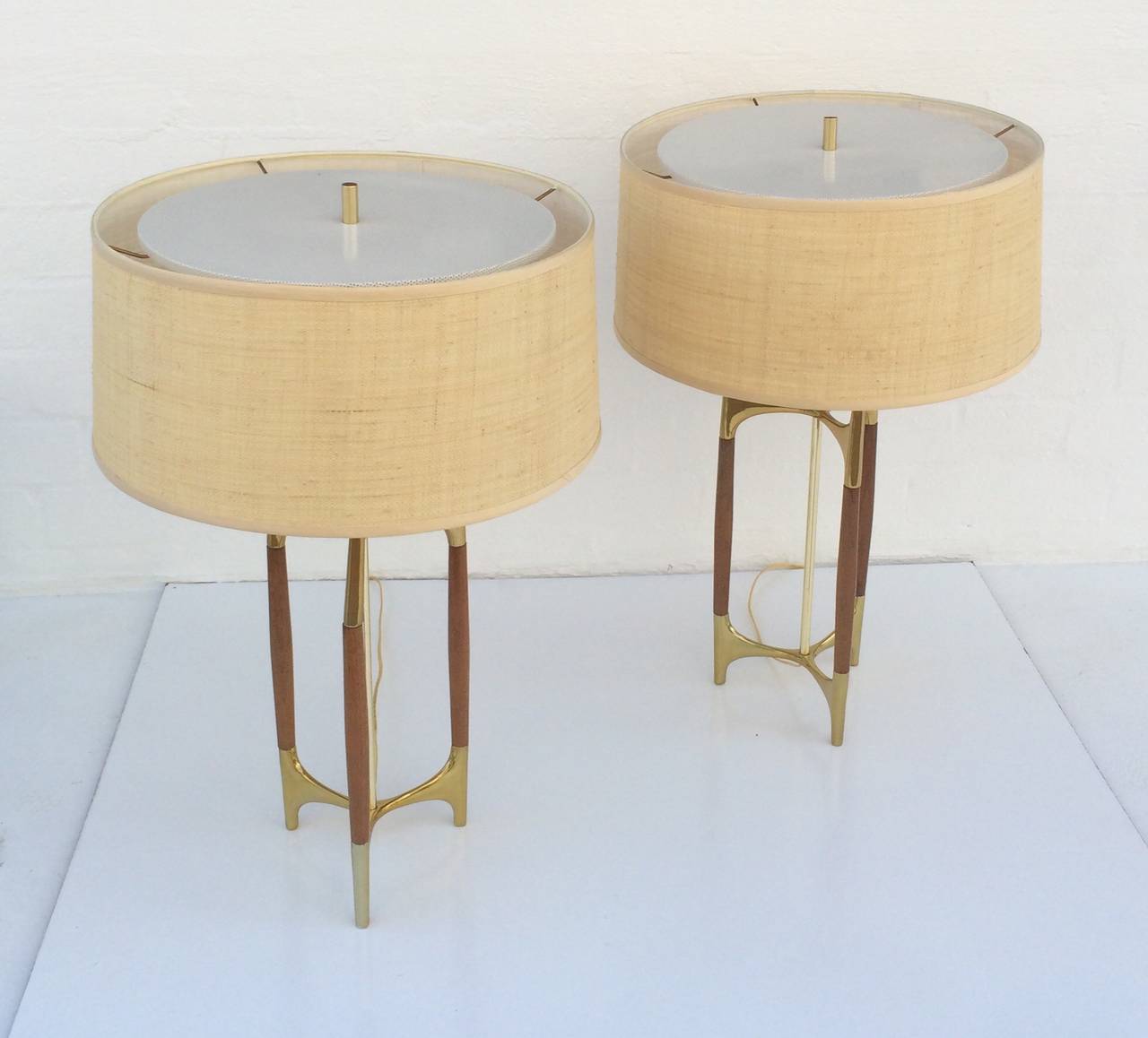 Polished Brass and Walnut Tables Lamps Designed by Gerald Thurston for Lightolier