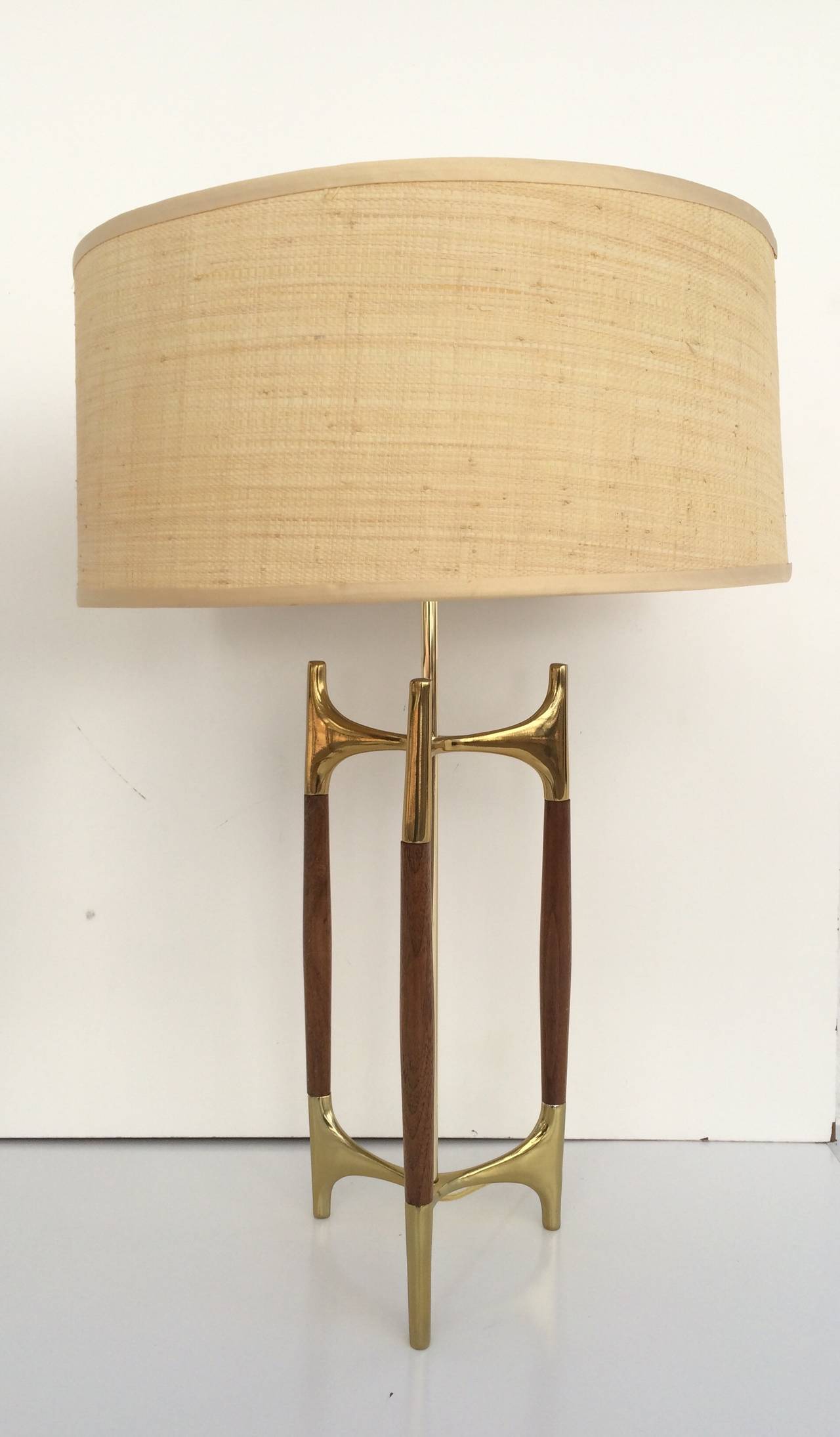 Brass and Walnut Tables Lamps Designed by Gerald Thurston for Lightolier In Excellent Condition In Palm Springs, CA