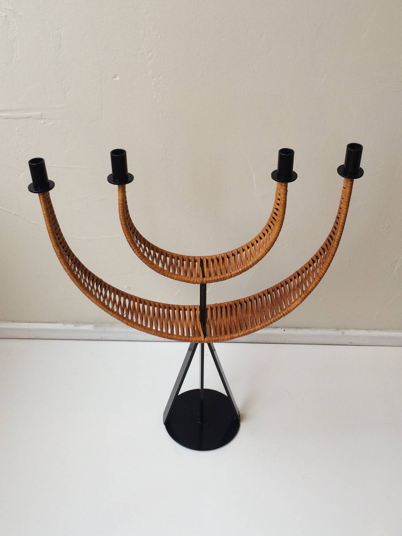 Mid-Century Modern Woven Cane Wrapped Candelabra designed by Arthur Umanoff