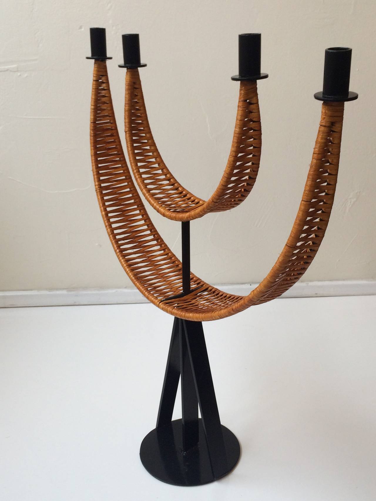 American Woven Cane Wrapped Candelabra designed by Arthur Umanoff