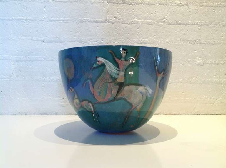 An  monumental painted and glazed ceramic vessel by Polia Pillin
This is one of the largest pieces by Pillin i have seen.
This stunning bowl is hand painted then glazed to a mirror finish.