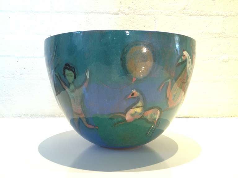 A Monumental Glazed and Painted Ceramic Bowl by Polia Pillin In Excellent Condition In Palm Springs, CA