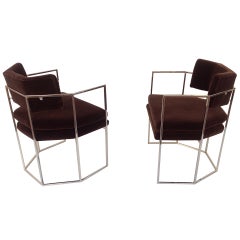 Stunning pair of Chocolate Mohair and Nickel Chairs designed by Milo Baughman
