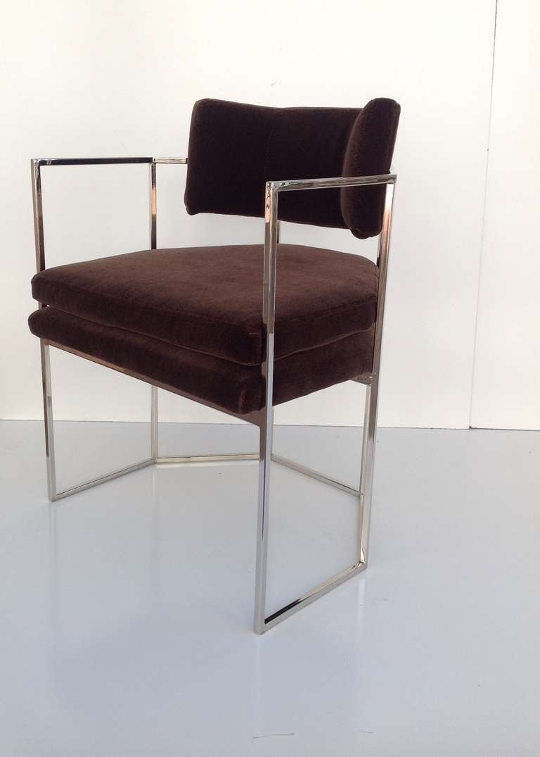 Mid-Century Modern Stunning pair of Chocolate Mohair and Nickel Chairs designed by Milo Baughman