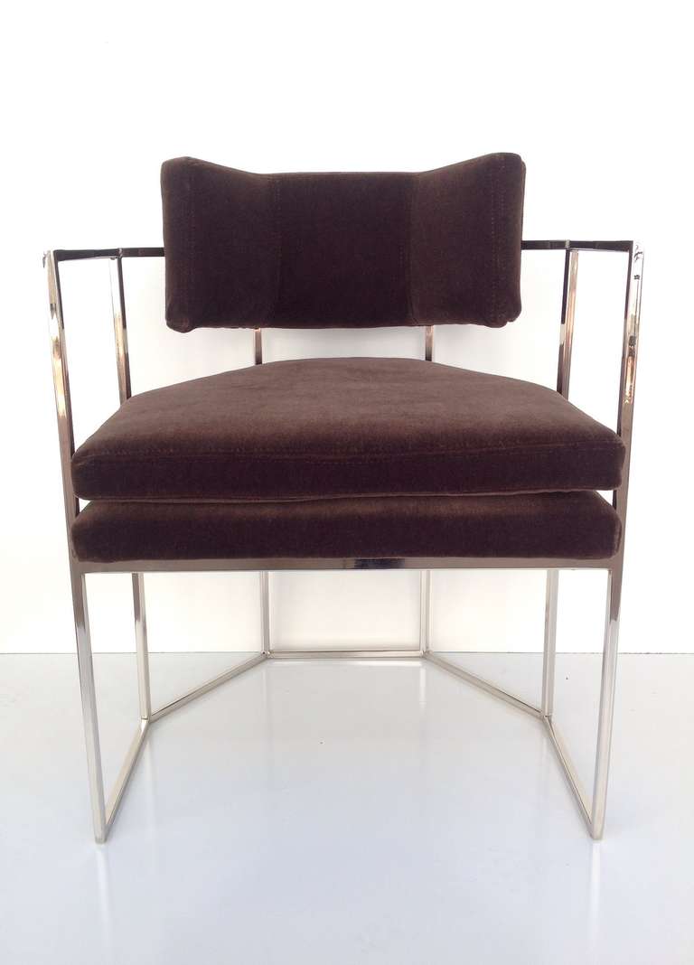 Stunning pair of Chocolate Mohair and Nickel Chairs designed by Milo Baughman 2