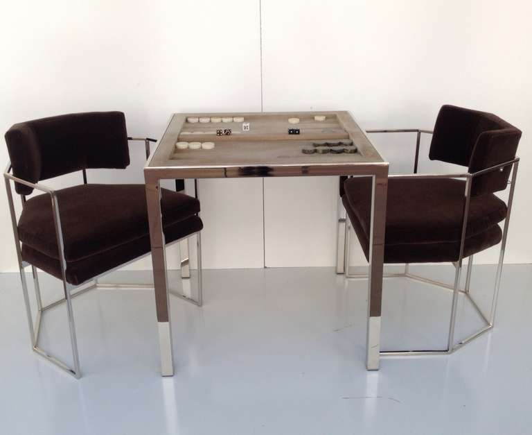 Stunning pair of Chocolate Mohair and Nickel Chairs designed by Milo Baughman 3