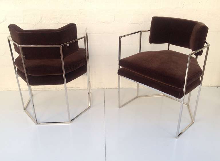 A pair of chairs designed by Milo Baughman.
Newly  reupholster in a chocolate mohair fabric with newly plated nickel frames 
These stunning chairs are perfect for a game table, or as side chairs.