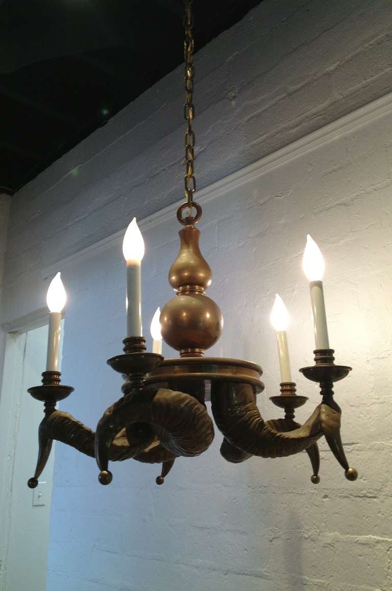 Late 20th Century A Gorgeous Chapman Solid Brass Rams Horns Chandelier