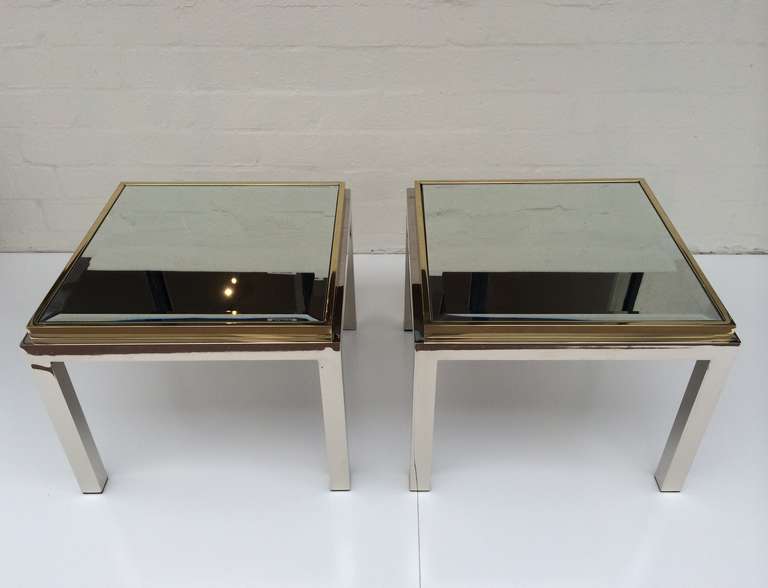 Mid-Century Modern Nickel and Polished Brass with Mirror Top Side Tables