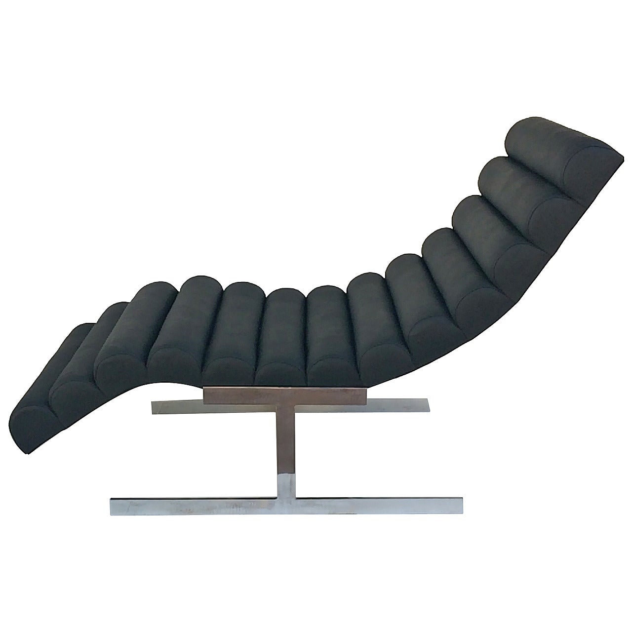 Black Channeled Leather Chaise Lounge by Milo Baughman