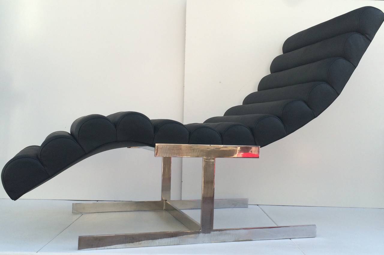 Mid-Century Modern Black Channeled Leather Chaise Lounge by Milo Baughman