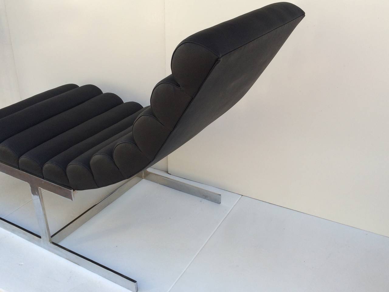 Polished Black Channeled Leather Chaise Lounge by Milo Baughman