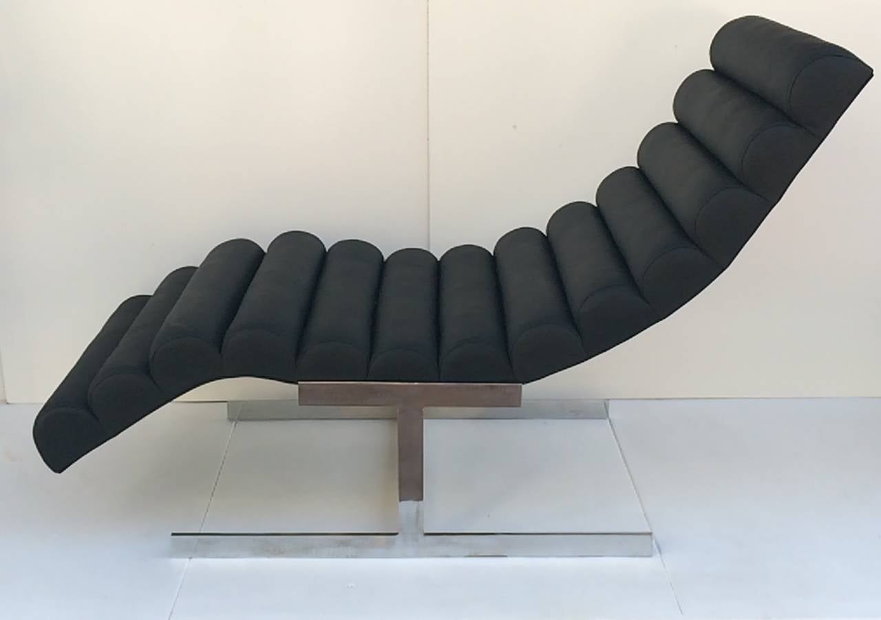 American Black Channeled Leather Chaise Lounge by Milo Baughman