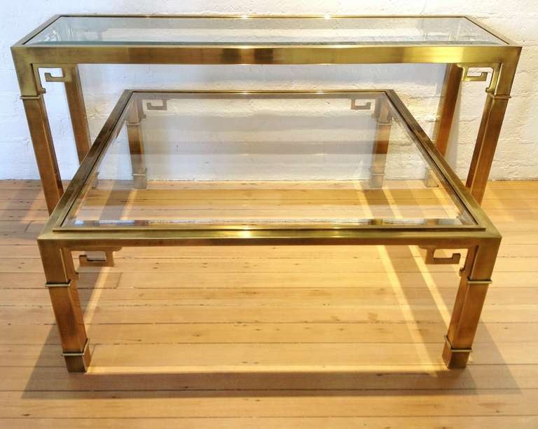 We are offering together two items in this listing.
A Mastercraft Greek Key console table and a Greek Key coffee table
Both are heavy brass with new glass.
Console table is 27.5