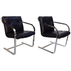 Pair of Polished Stainless Steel and Leather Chairs by Brueton