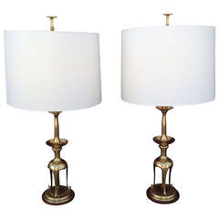 Pair of Solid Brass with Oak Table Lamps by Chapman 11