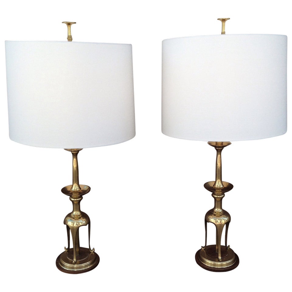 Pair of Solid Brass with Oak Table Lamps by Chapman For Sale