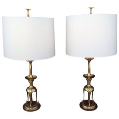 Pair of Solid Brass with Oak Table Lamps by Chapman