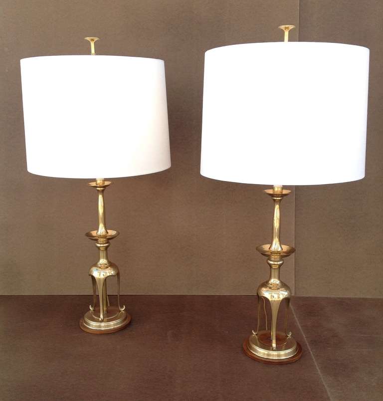 Modern Pair of Solid Brass with Oak Table Lamps by Chapman For Sale