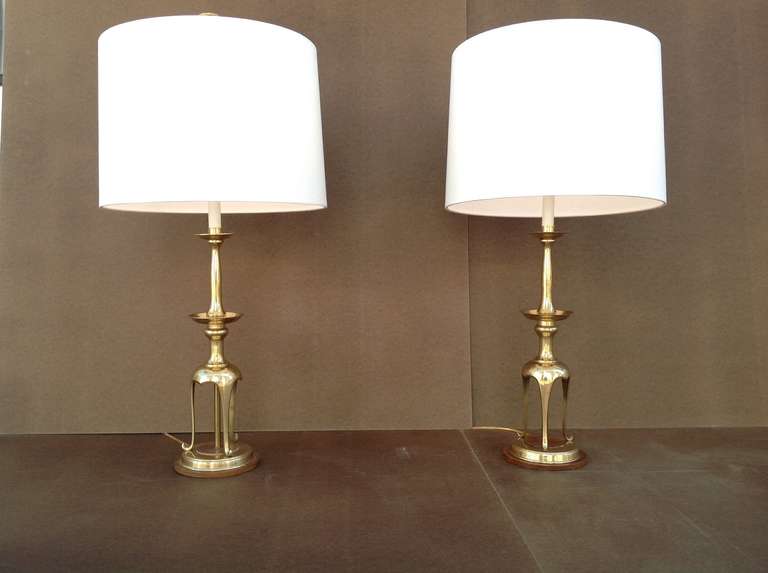 Modern Pair of Solid Brass with Oak Table Lamps by Chapman For Sale