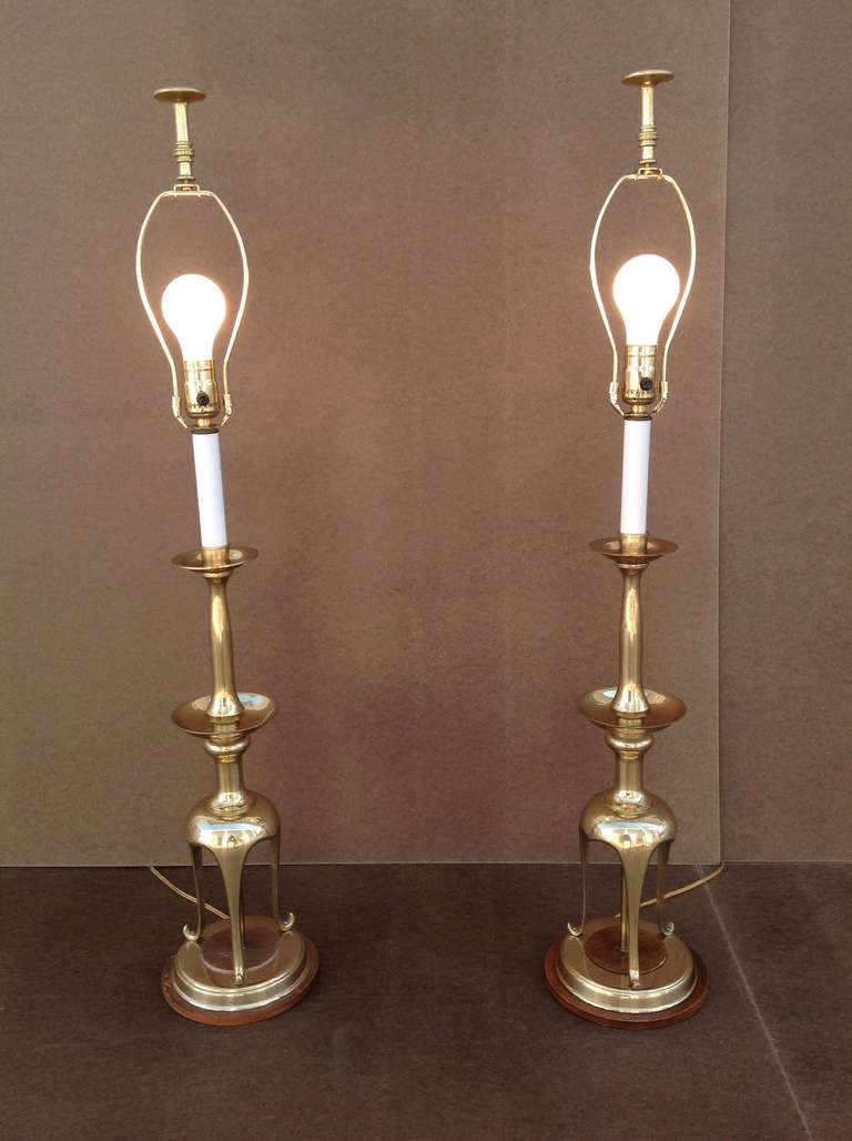 Pair of Solid Brass with Oak Table Lamps by Chapman For Sale 1