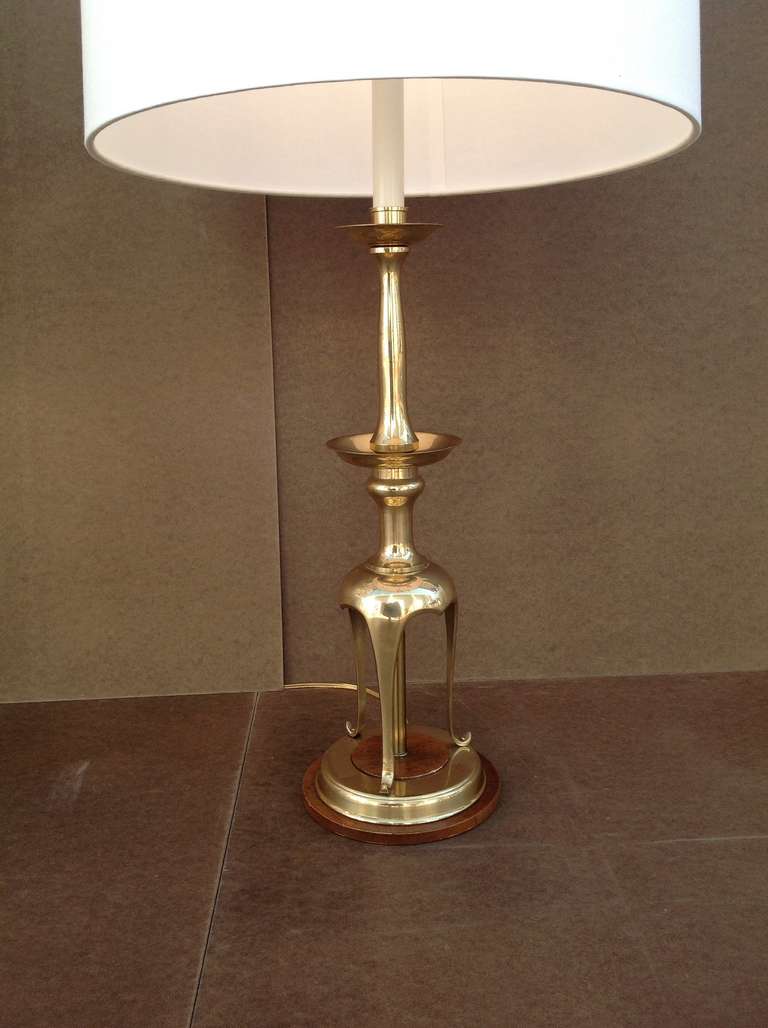 Pair of Solid Brass with Oak Table Lamps by Chapman For Sale 2