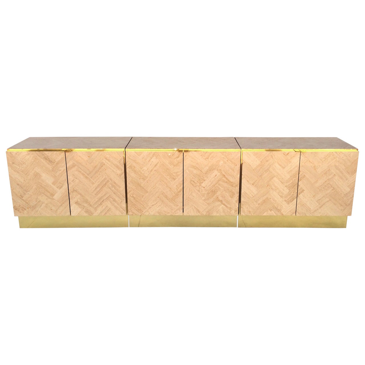 Set of Three Italian Travertine and Brass Cabinets by Ello