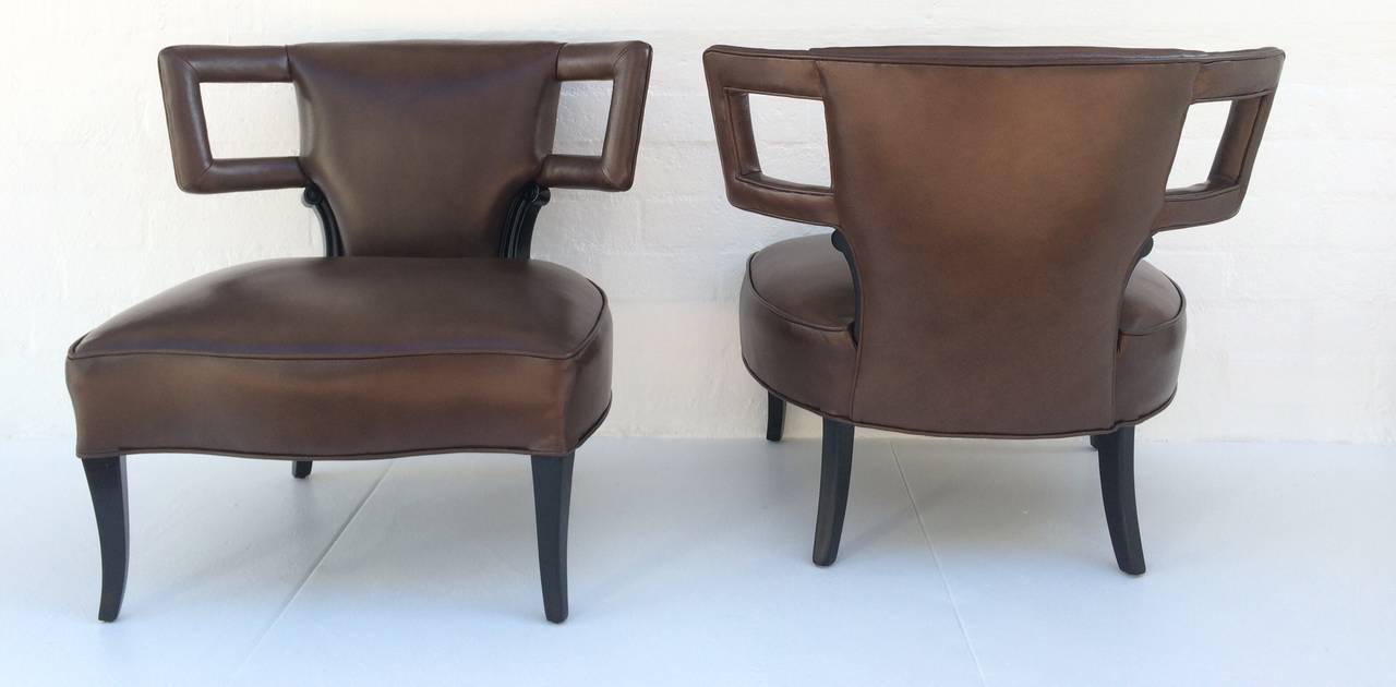 American Gorgeous Pair of Sculptural Rich Brown Leather Grosfeld House Chairs