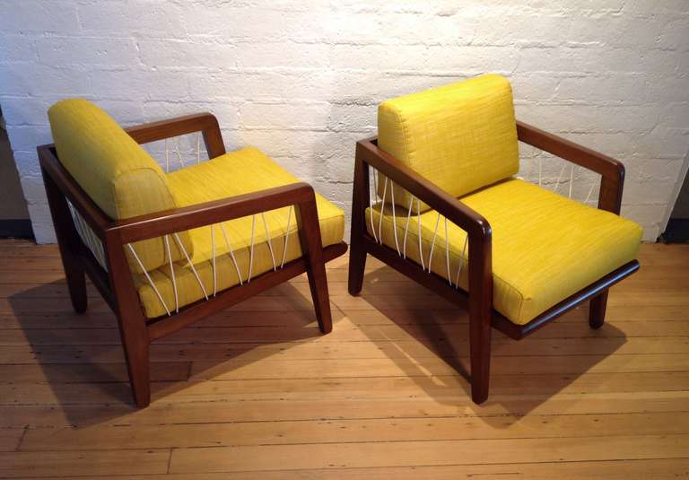 These rare chairs are from the Precedent Collection for Drexel, designed by Edward Wormley circa 1947. 
Wood frame with woven nylon cord.
Newly reupholstered.