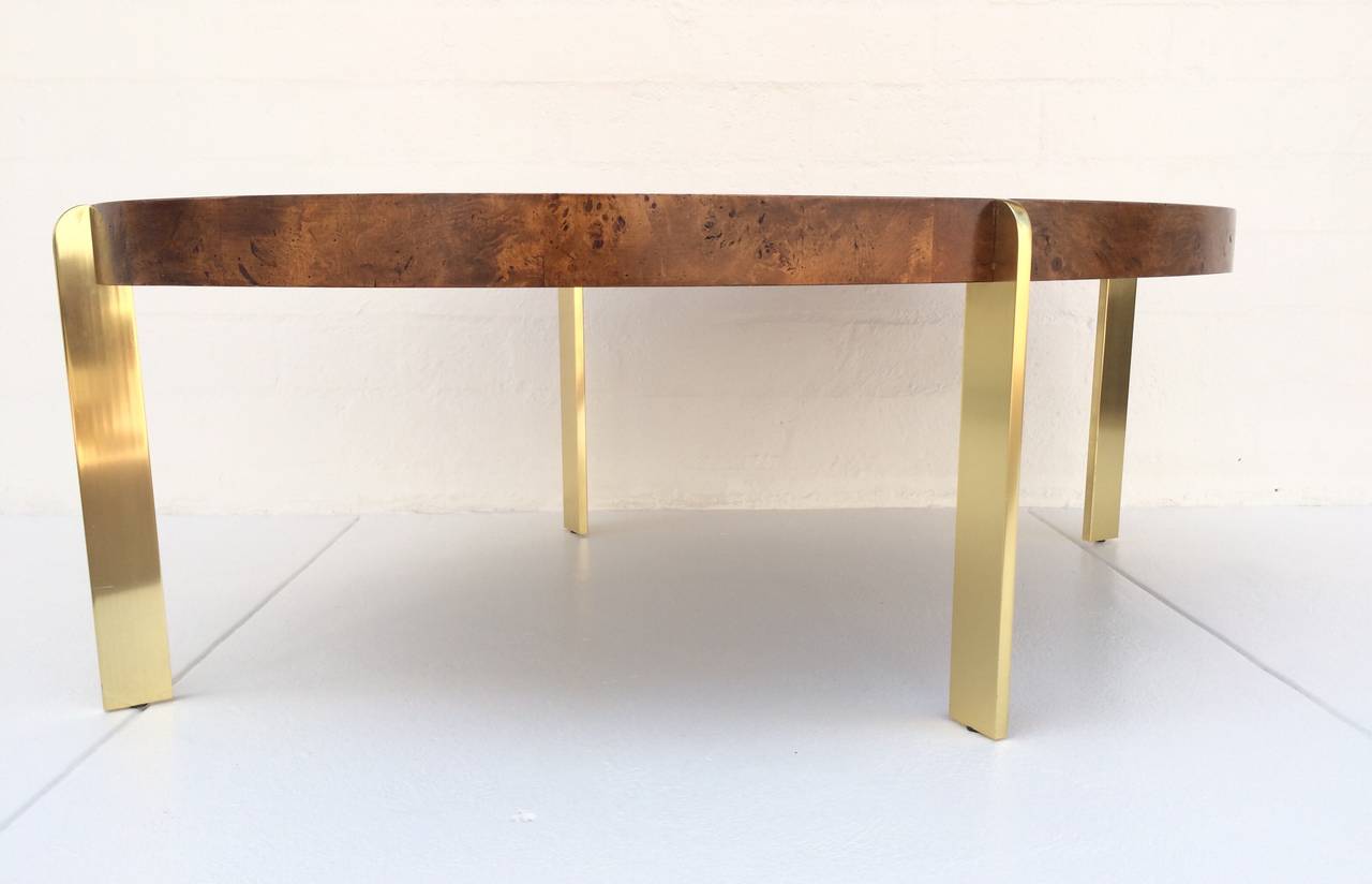 Mid-Century Modern Burlwood and Brass Coffee or Cocktail Table by Milo Baughman