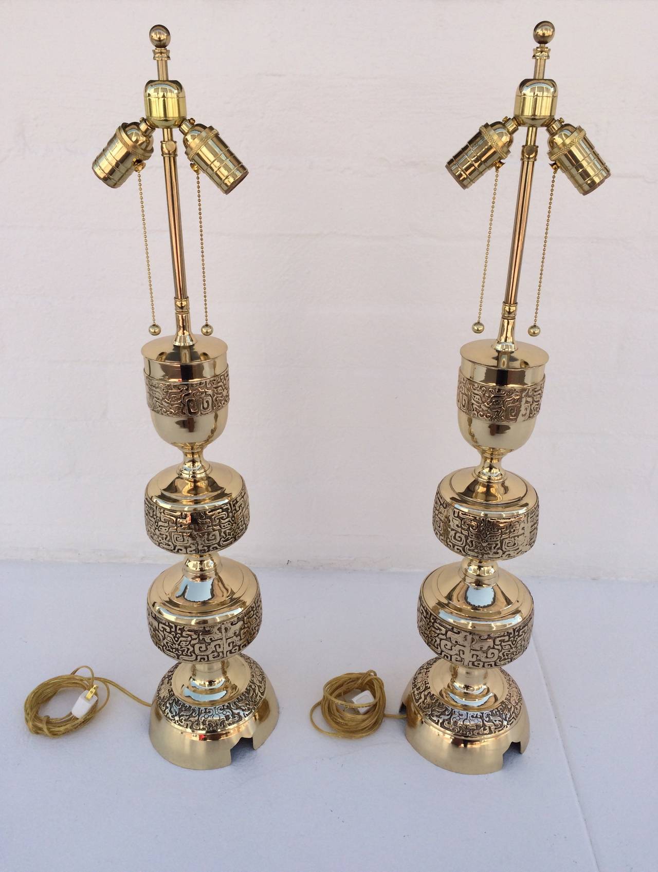 Pair of Polished Brass Table Lamps in the Style of James Mont 1