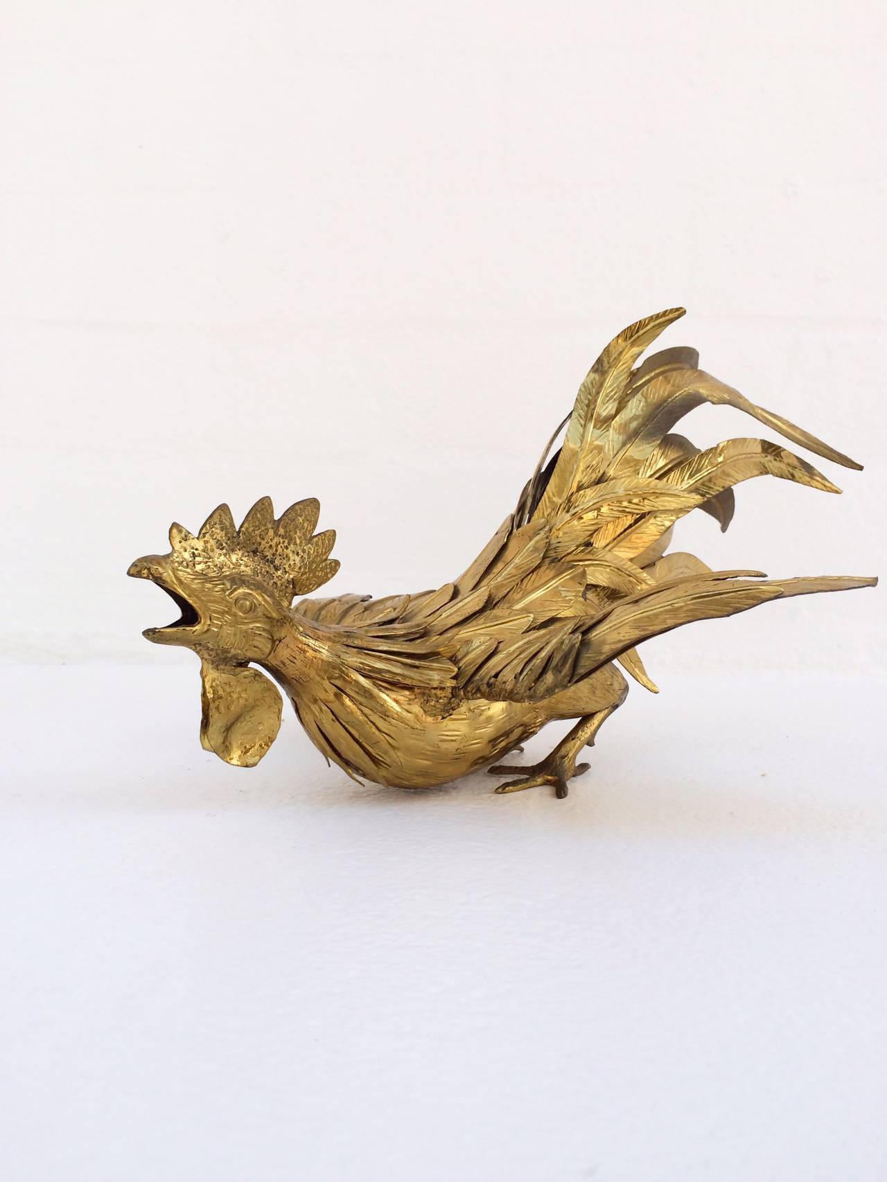 Italian Pair of 1950s Solid Brass Fighting Roosters in the Manner of Melani Mario