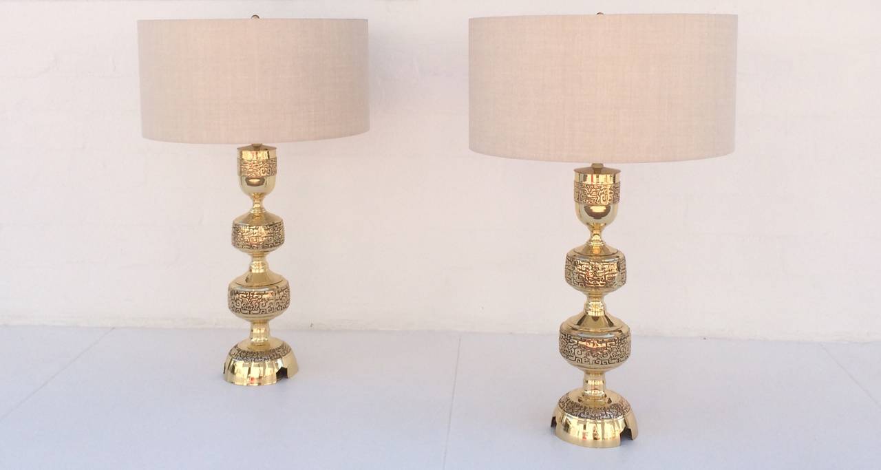American Pair of Polished Brass Table Lamps in the Style of James Mont