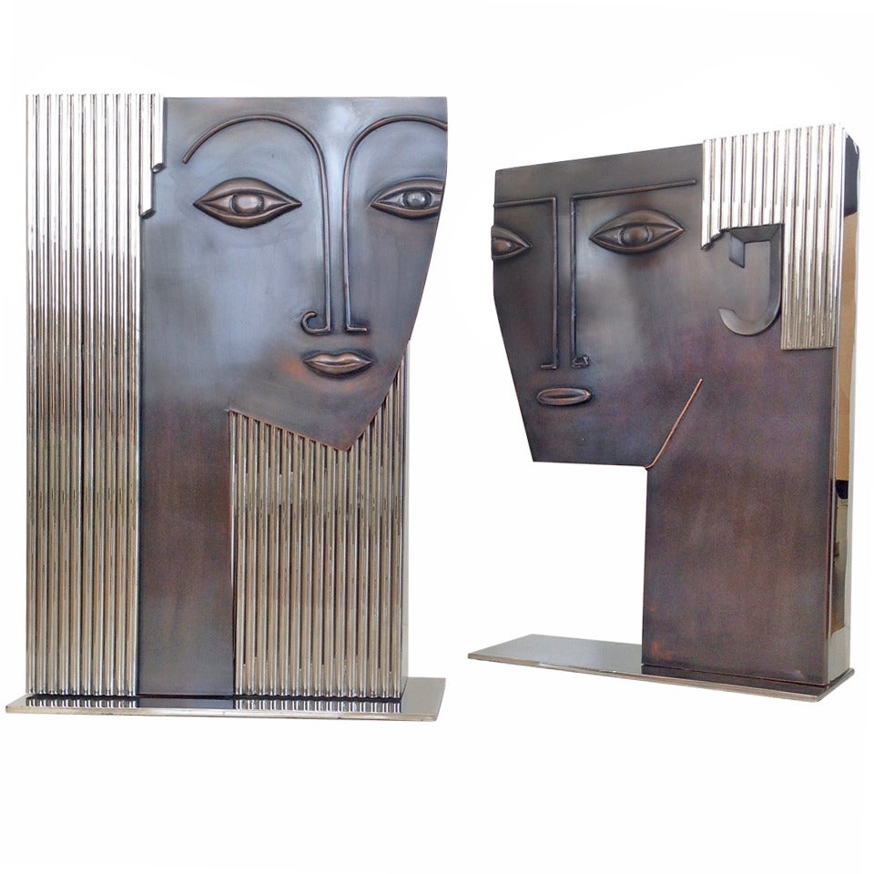 Pair of Large Polished Nickel and Bronze Man & Woman Sculptural Vases