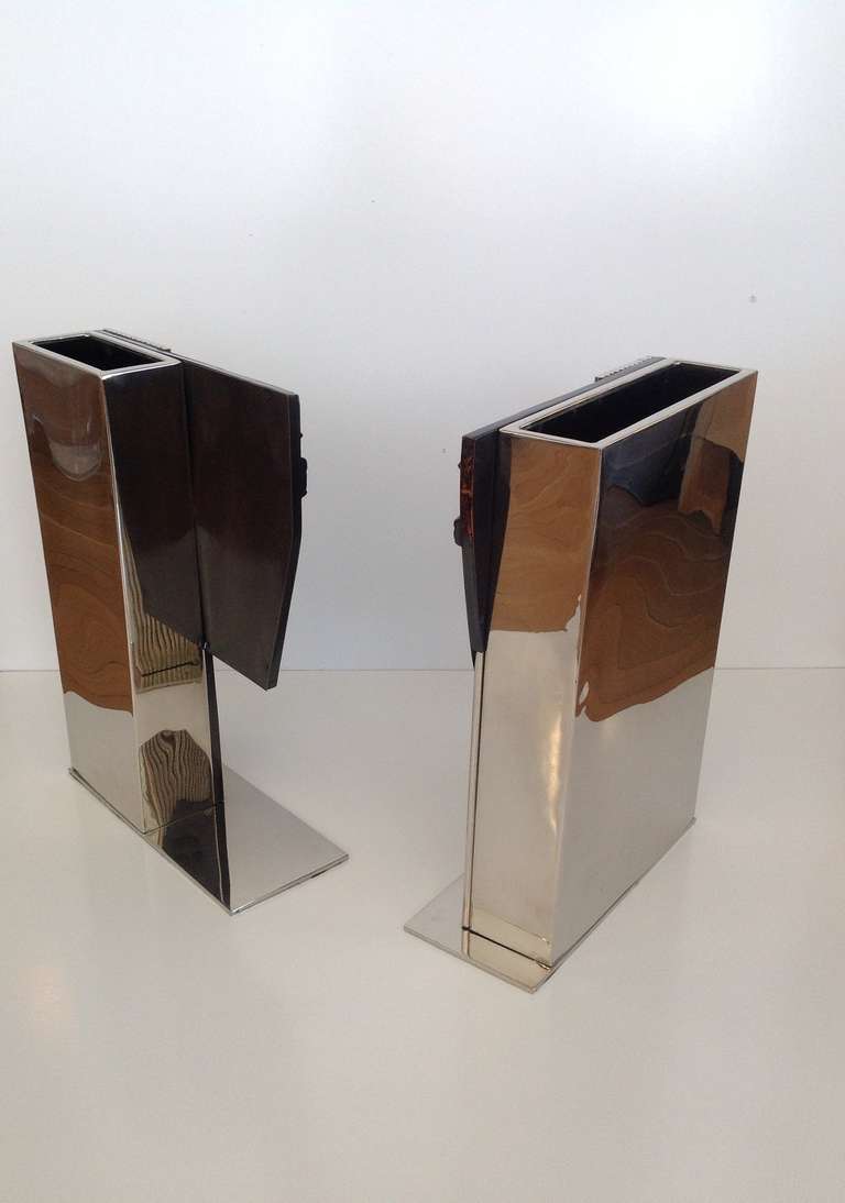 Pair of Large Polished Nickel and Bronze Man & Woman Sculptural Vases In Excellent Condition In Palm Springs, CA