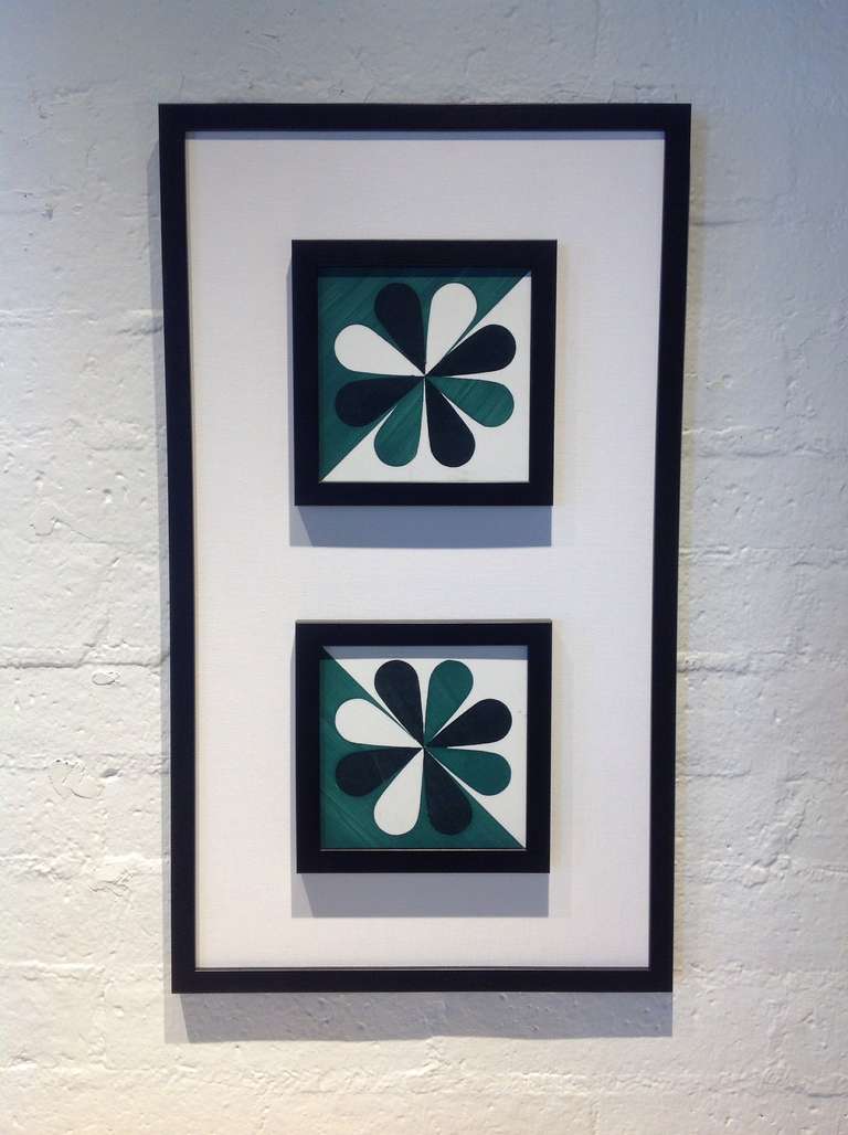 Two flower tiles newly mounted on wood with linen designed by Gio Ponti for parochial dei principe in Rome 
manufactured by d'agostino, salerno 1968
