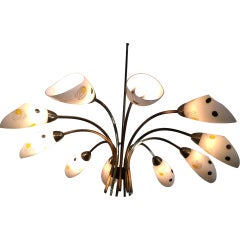 1950
s Brass Chandelier with Ten Glass Shades from Italy