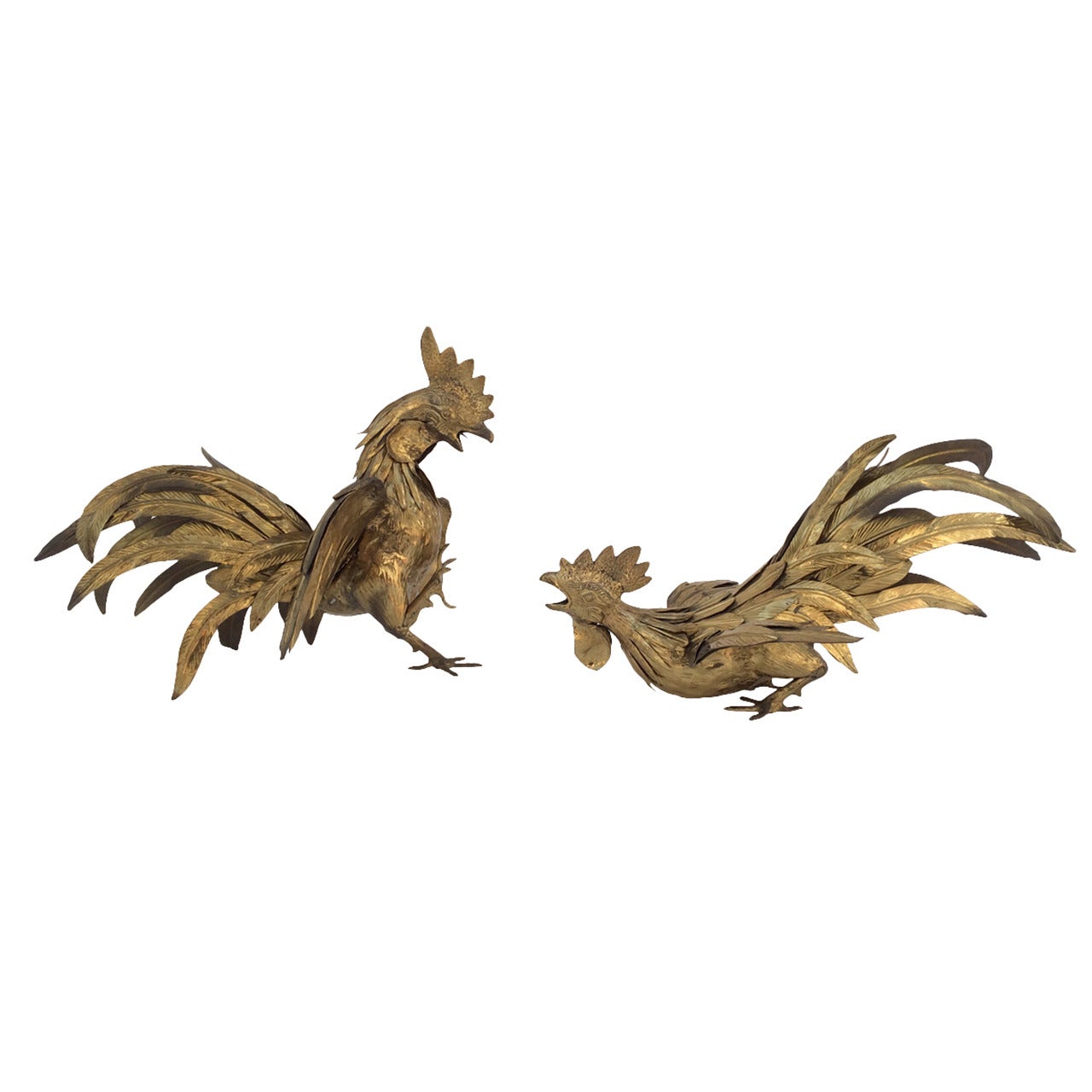 Pair of 1950s Solid Brass Fighting Roosters in the Manner of Melani Mario