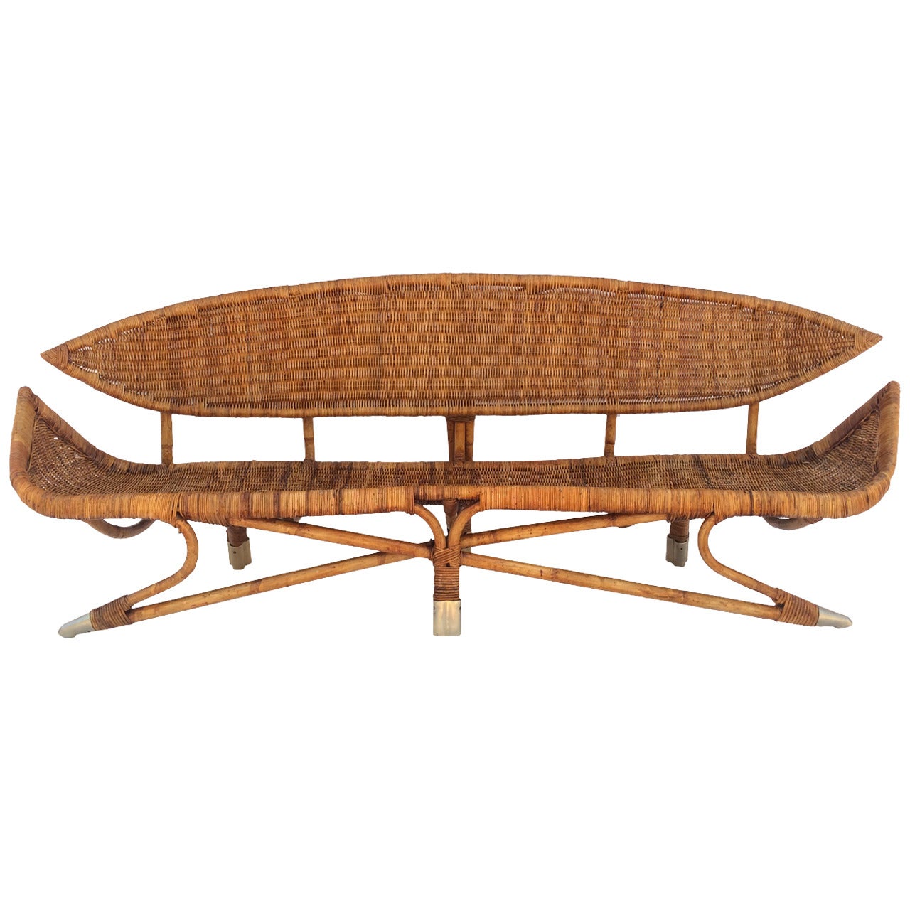 Rare Sculptural Rattan and Brass Sofa in the Manner of Francis Mair