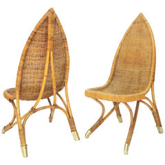 Pair of Rare Rattan and Brass Chairs in the Manner of Francis Mair