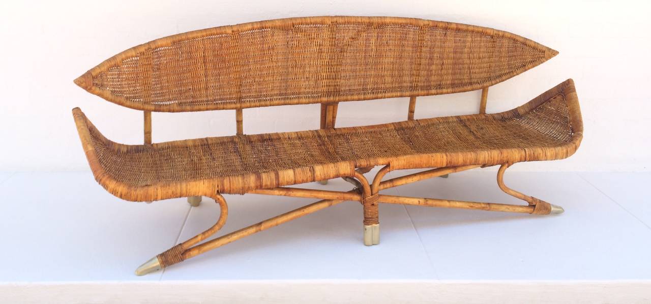 Mid-Century Modern Rare Sculptural Rattan and Brass Sofa in the Manner of Francis Mair