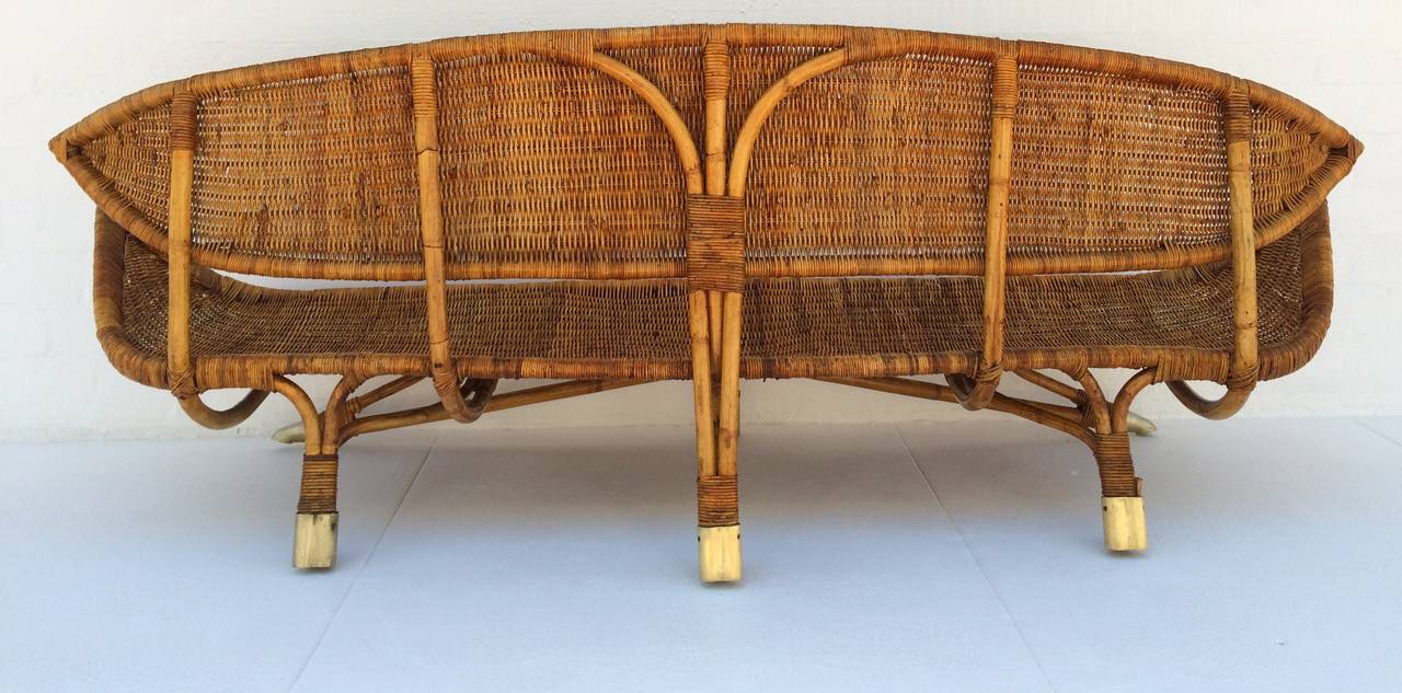 American Rare Sculptural Rattan and Brass Sofa in the Manner of Francis Mair