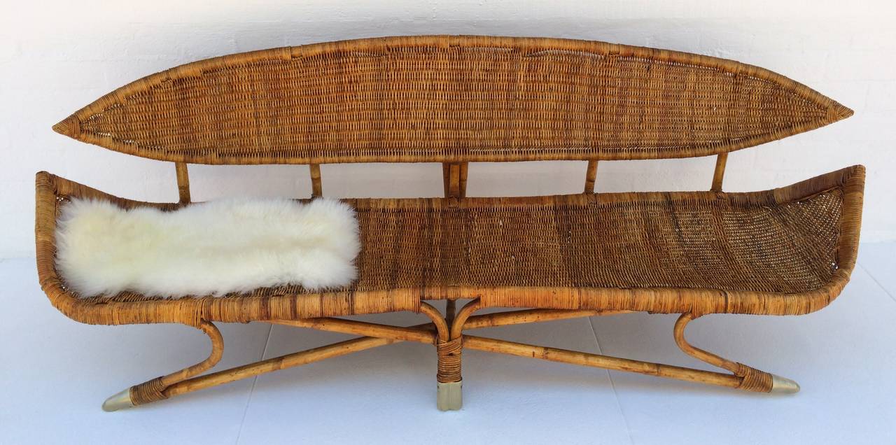 Lacquered Rare Sculptural Rattan and Brass Sofa in the Manner of Francis Mair