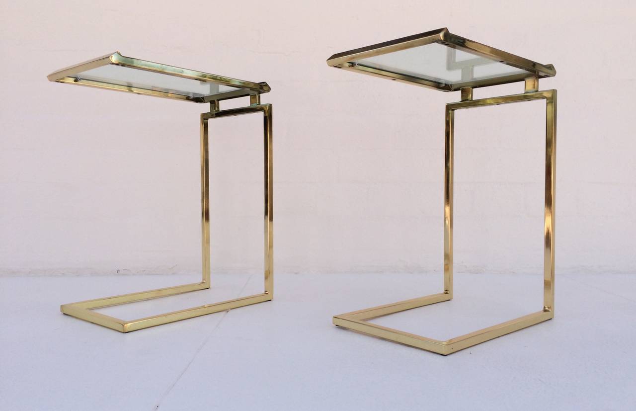 American Pair of Polished Brass and Glass Side Tables Designed by Milo Baughman
