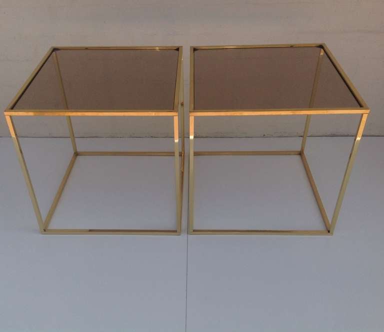 Mid-Century Modern Pair of Polished Brass and Bronze Glass Cube Tables designed by Milo Baughman