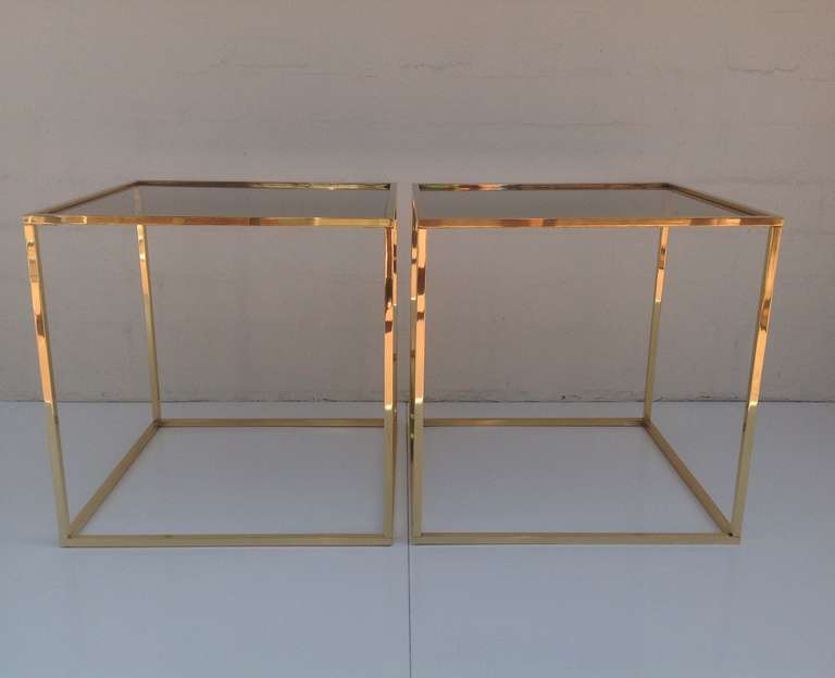 American Pair of Polished Brass and Bronze Glass Cube Tables designed by Milo Baughman
