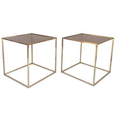 Pair of Polished Brass and Bronze Glass Cube Tables designed by Milo Baughman